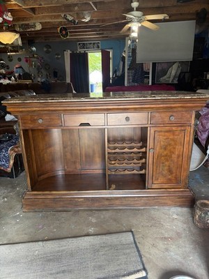Antique Style Dark Wood Bar Cabinet with Marble Top and Wine Rack