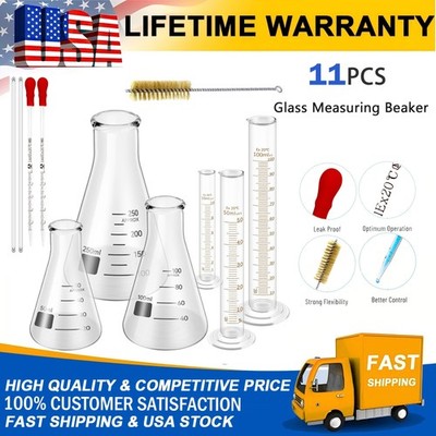 11PCS Lab Flask Set Graduated Cylinde Measuring Glassware w/ Stirring Rod Brush
