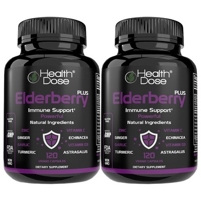 Health Dose Elderberry Plus. Vitamin C, Turmeric and Zinc. 120 Caps. Pack of 2