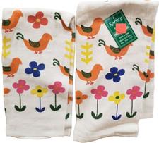 Set of 2 Same Kitchen Terry Towels 15"x25" COLORFUL BIRDS FLOWERS 2,Spring