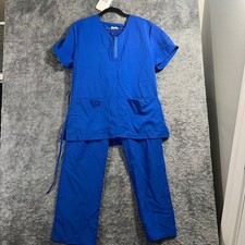 Scrubaid Womens Royal Blue Scrub Set 4-Way Stretch Zip V-Neck Top Cargo Pants M