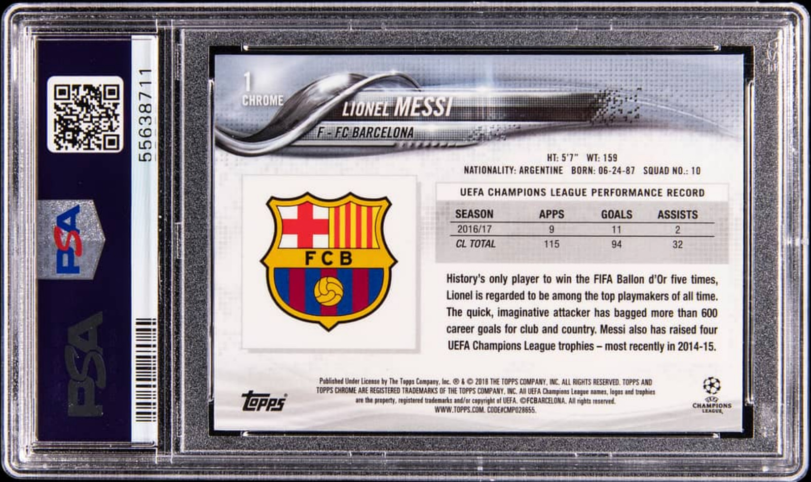 LIONEL MESSI PSA 10 TOPPS CHROME #1 CHAMPIONS LEAGUE RIGHT LEG FORWARD 2017 view 2