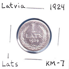 1924 Latvia 1 Lats (KM-7) .1342 ASW Silver!!! [London Mint]   two-year issue