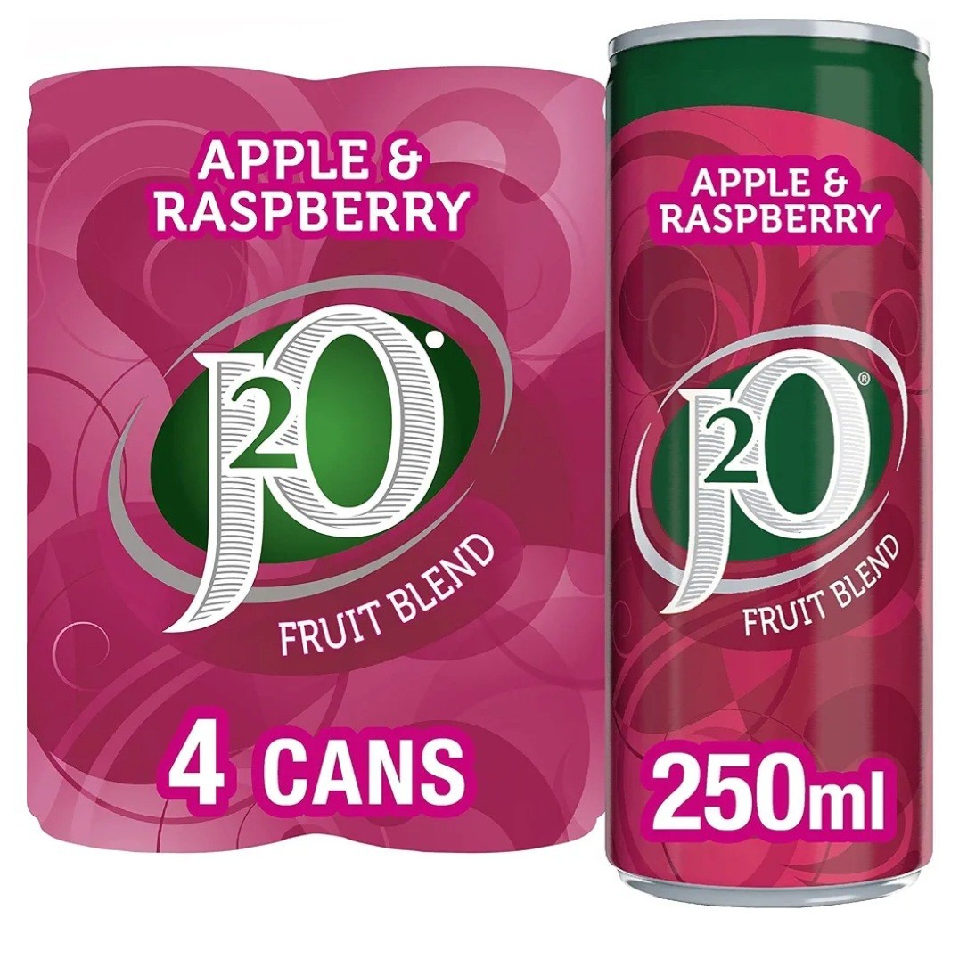 J2O Orange & Passionfruit, Apple & Raspberry 4x 250ml Cans Fruit Blend Juice UK