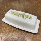 Vintage Pyrex Butter Dish + Lid Crazy Daisy Milk Glass Green White No Chips