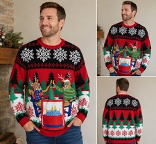 Blizzard Bay Ugly Christams Sweater Mens Large Red Reindeer Drink Pouch Pocket