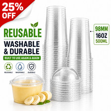 100x Reusable Clear PET Smoothie Cups & Dome Lids 16oz Cold Drink Milkshake Cups