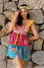 Anthropologie Farm Rio Colorblocked Mini Dress Large Embroidered Design Tiered