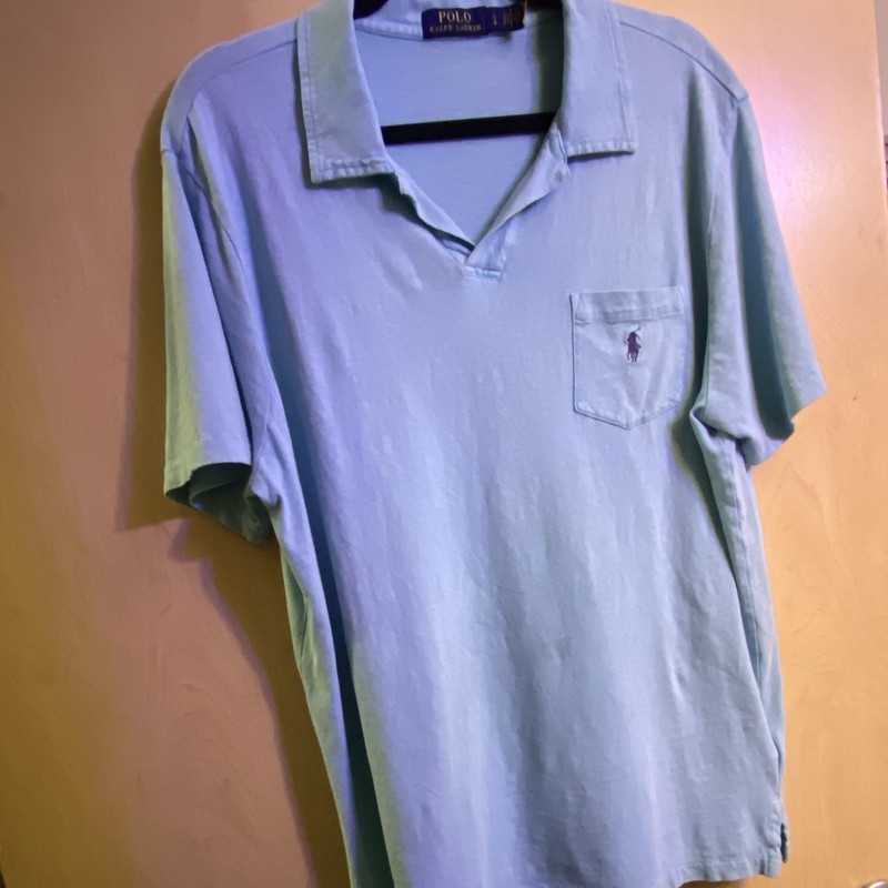 Polo Ralph Lauren Men's Blue L Short Sleeve Shirt, Cotton Linen, Pocket, Large 