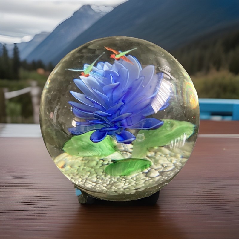 Art Glass Paperweight Blue Floral with Butterflys 3" Tall