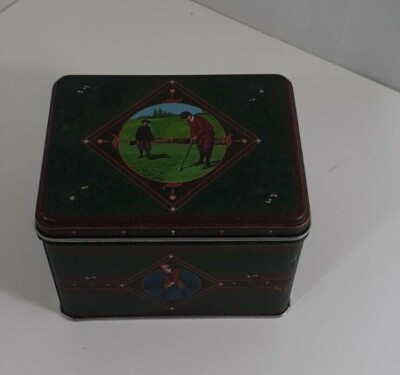 Advertising Tin Box Golf Scenes 4 x 5 x 3 inches good few rust spots inside