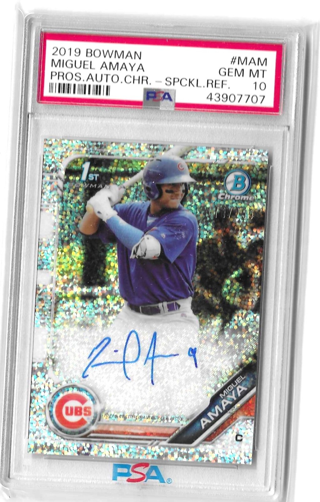 2019 Bowman Chrome Miguel Amaya 1st Speckle Refractor Auto /299 PSA 10 CUBS