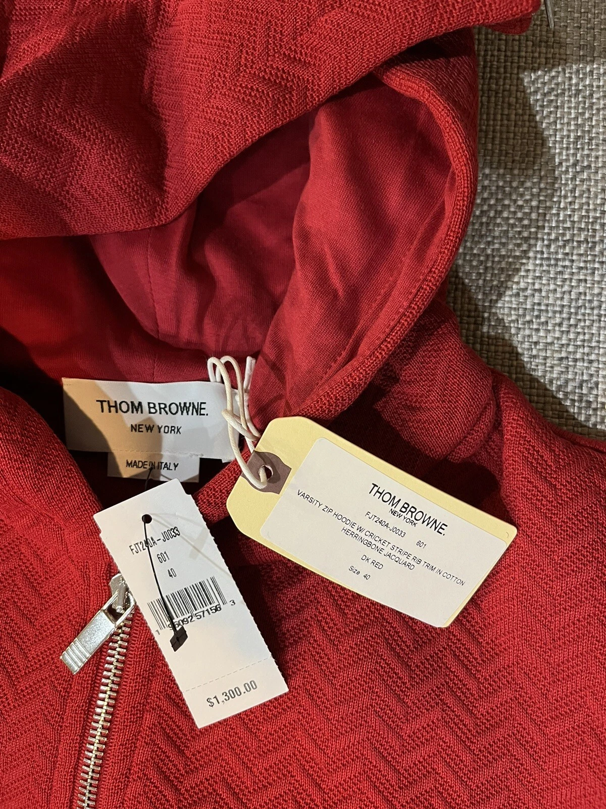 Felpa con cappuccio rossa Thom Browne Varsity con cerniera e cerniera $1300 cotone taglia 40