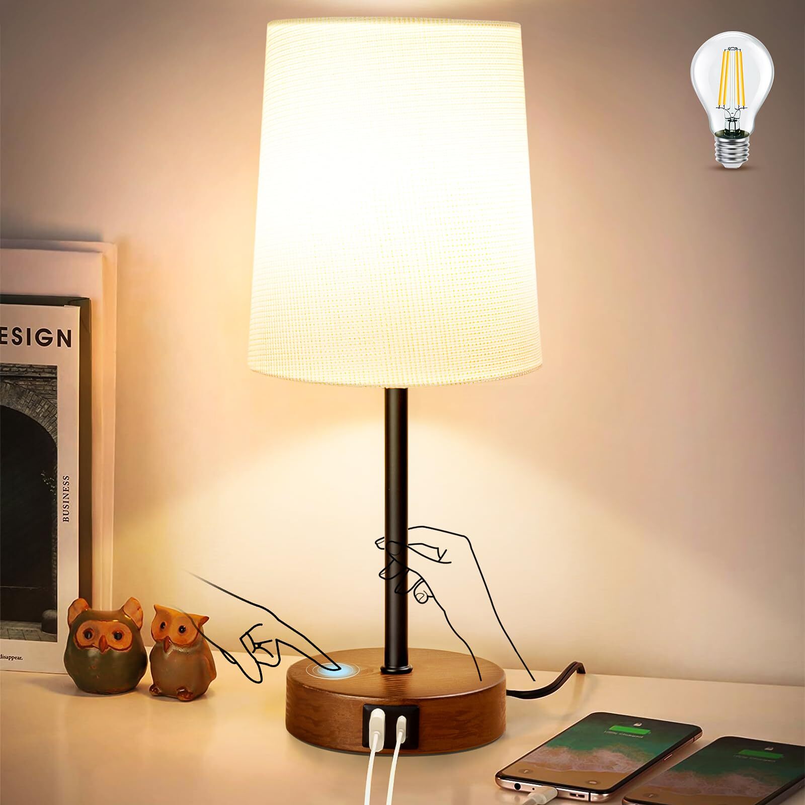 Modern USB & Type-C Bedside Lamp with Touch Control, Dimmable Table Lamp