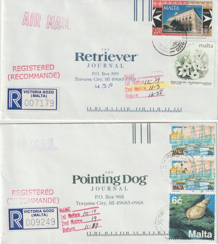Registered Mail from Malta on #6¾ size covers 2 different from the 1990s 