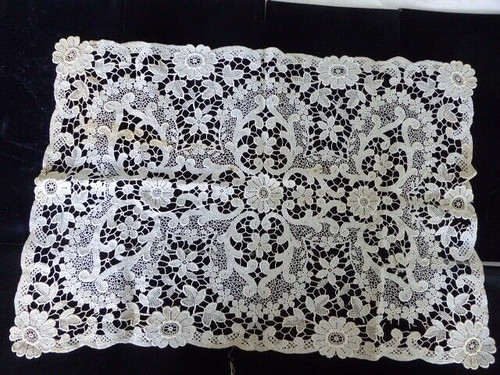 Vintage 16" x 24" White Brussel Point de Gaze Needlepoint Flower Lace Tablecloth