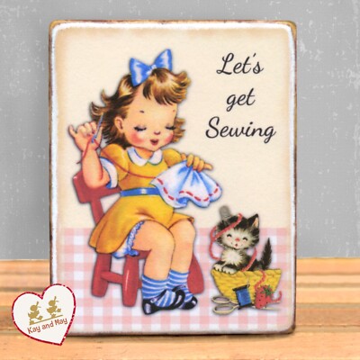 Girl Sewing shelf sitter sign vintage retro art girl and cat in basket WB-116