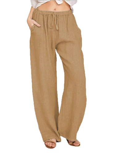 Women's Summer Drawstring Waist Wide Leg Loose Cotton Linen Palazzo Comfy Pants - Bild 13 von 43