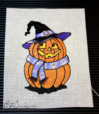 Halloween Ornament Needlepoint Canvas 18 mesh Zweigart Handpainted Pumpkin Witch