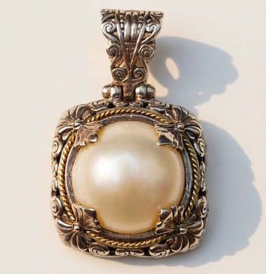 925 Silver Blue Mabe Cultured Ocean Pearl Bali Handmade Sterling Pendant, 1 1/3 