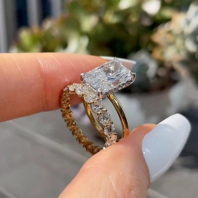 3CT Radiant Cut CVD Lab Grown Diamond Wedding Bridal Ring Set 14k Yellow Gold