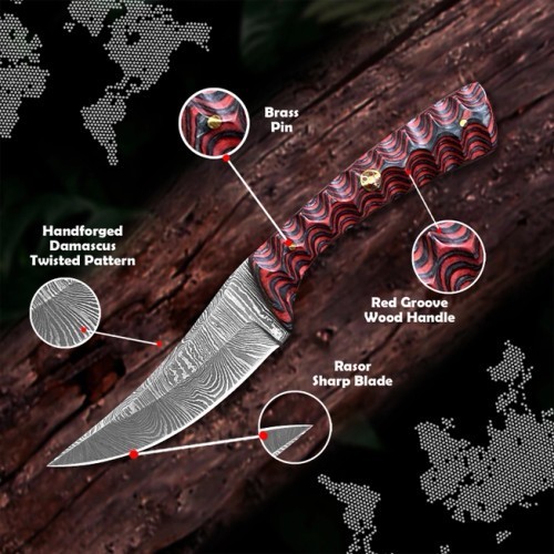 Damascus Steel Couteau 8' ,Rouge Poignée,Multifonctionnel,Extérieur - FH Knives - Photo 1 sur 1