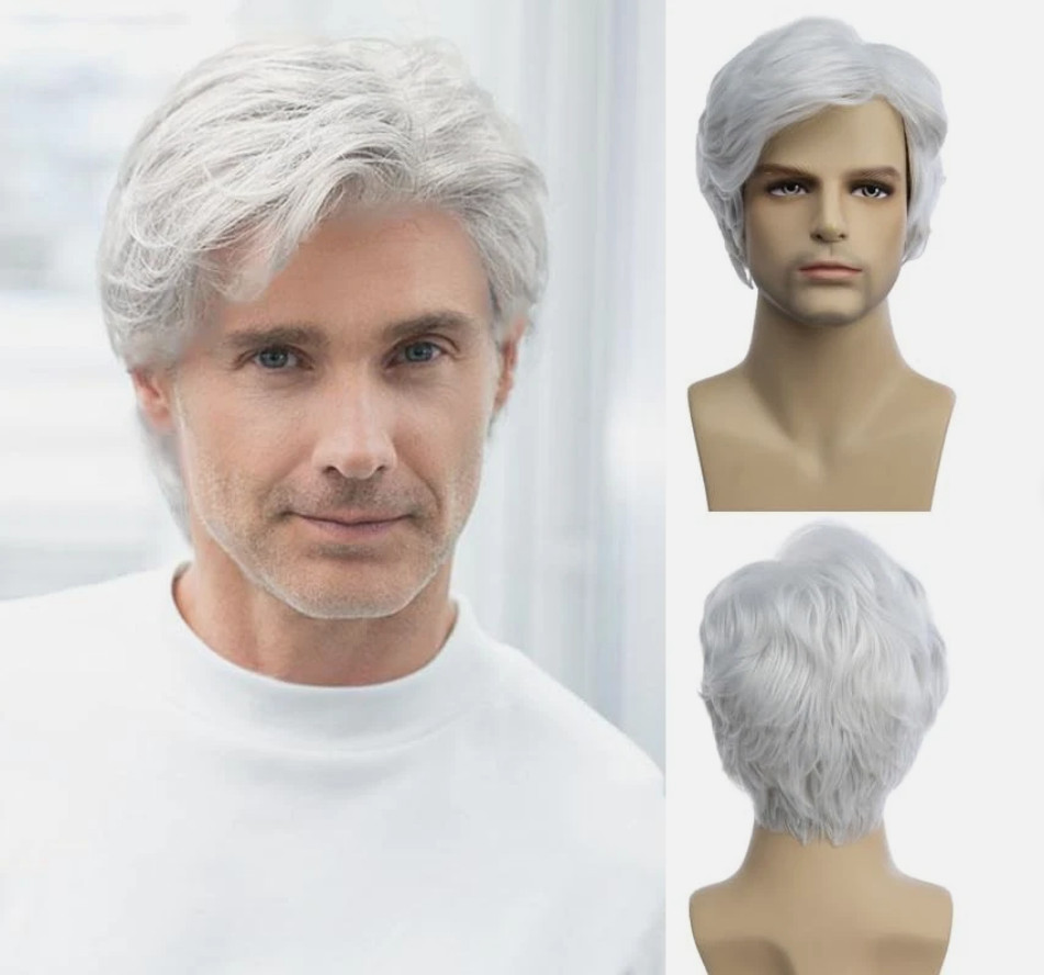 Pelucas Baruisi Hombres Peluca Corta Blanca Sintética Resistente al Calor Natural Peluca de Halloween