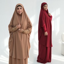 Muslim Women Abaya Top Midi Skirt Kaftan Prayer Garment Ramadan Gown 2Pc Sets