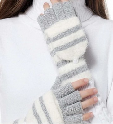 Women s Cream Grey Striped Eyelash Knit Convertible Fingerless Gloves Mittens