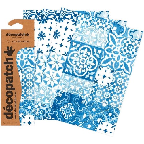 Pochette de 3 Feuilles papier décopatch Points blancs fond bleu
