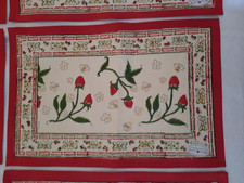 Gorgeous Set of 8 Pomegranate Placemats ~ Block Print ~ Strawberries & Bees