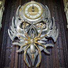 Steampunk Wall Clock Gothic Silver Skull Spider Sculpture Pagan Wiccan Home Deco