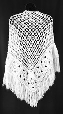 Vtg White Handmade Crochet Shawl Fringe Grannie Squares Boho Hippie Festival