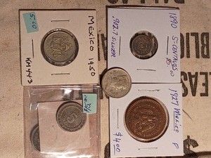 6 mix Mexican coins 1- 1890 5cent silver plus 1- 1927 5cent copper