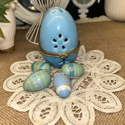 Light Blue Ceramic Easter Egg Hinged Box with Gold Butterfly gold trim mini eggs