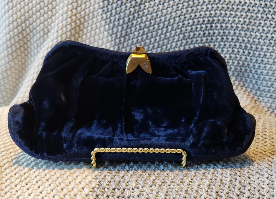 Bolso sin asas exclusivo de noche L and M Spot-Lite terciopelo azul marino vintage años 50/60 Foto 2 de 4