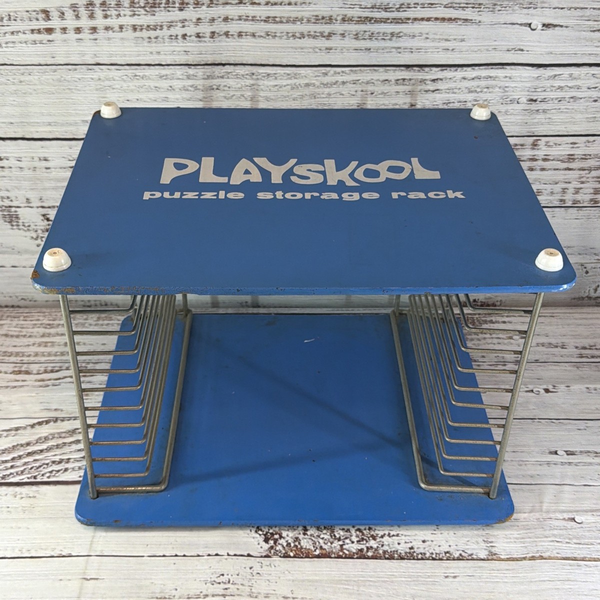 Vintage Playskool Wood Metal Blue Puzzle Storage Rack Holds 12