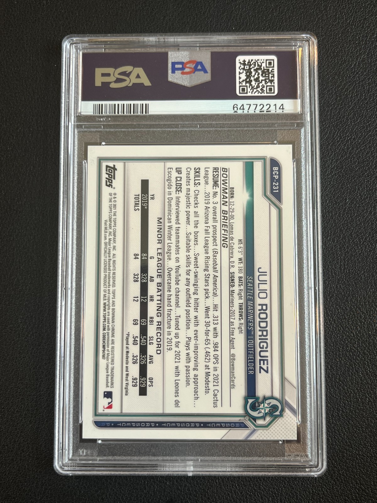 Julio Rodriguez 2021 Bowman Chrome Fuchsia Refractor /199 Mariners PSA 9  view 2