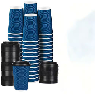 16 Oz. Disposable Coffee Cups with Lids, Hot Paper Insulated Corrugated Ripple W