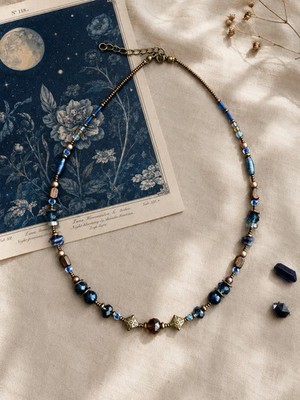 Blue & Bronze Glass Beaded Ball Chain Necklace Lobster Clasp Adjustable
