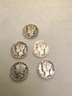 lot of 5 1937 Mercury Dimes Good 90% Silver 10c US Coin Collectible