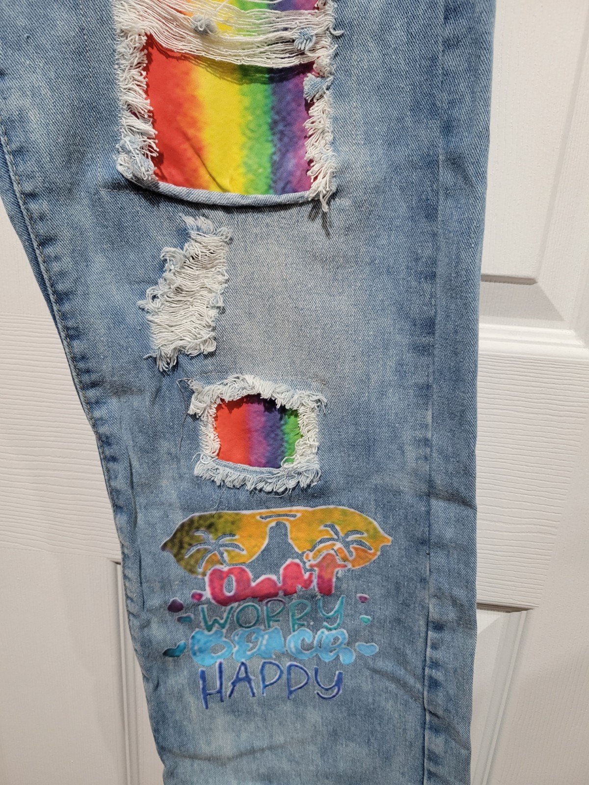 Rainbow Patch Distressed Jeans 5 Pocket Light Was… - image 2