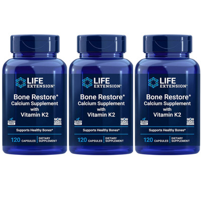 Life Extension Bone Restore with Vitamin K2 120 caps Each (Pack of 3)