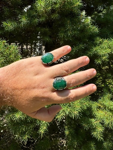 Natural Emerald Gem Stone Mens Real Solid 925 Sterling Silver Oval Ring Big 18ct - Picture 3 of 24