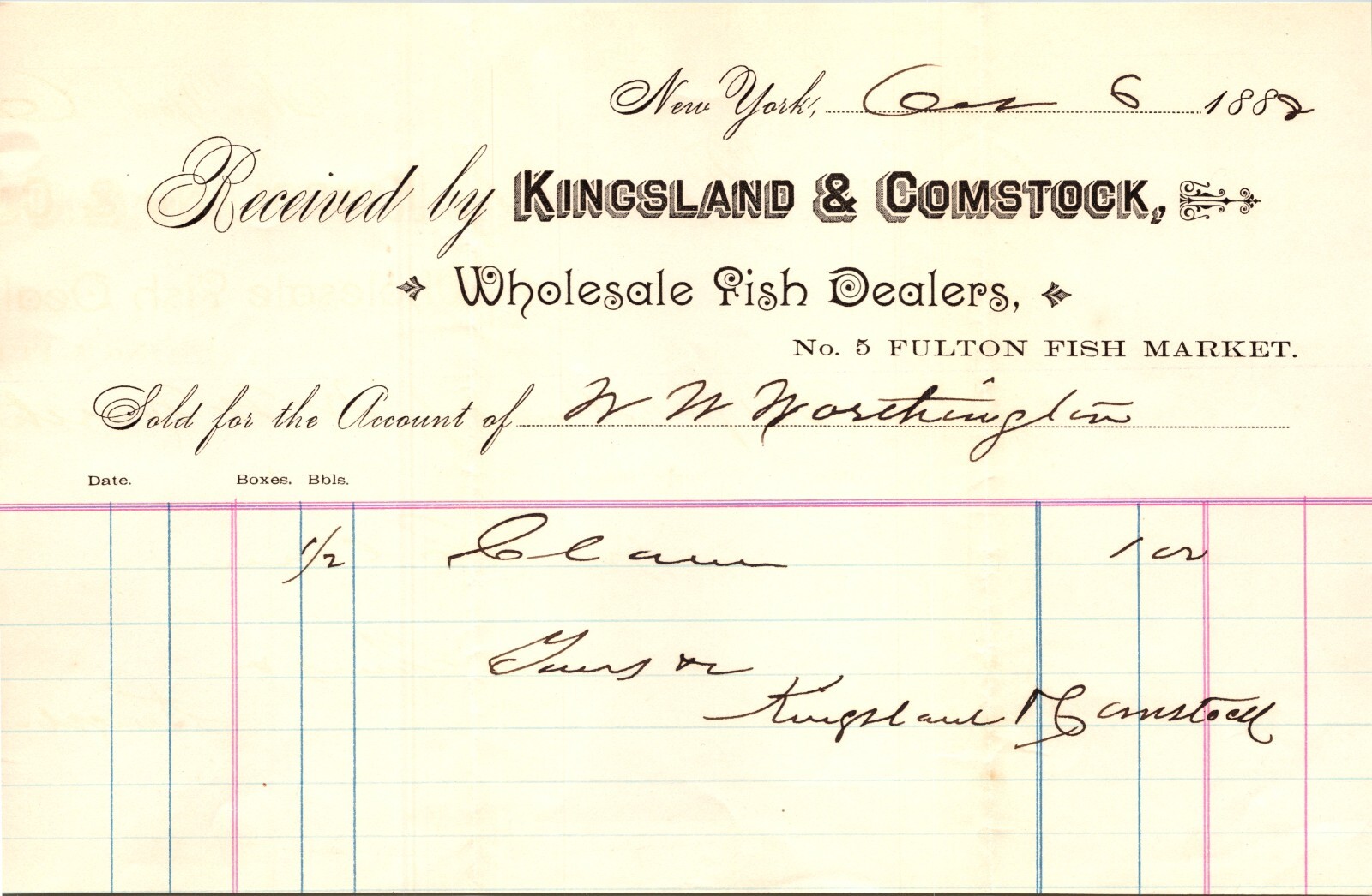 Kingsland & Comstock New York NY 1882 Billhead Fish Dealers Fulton Fish