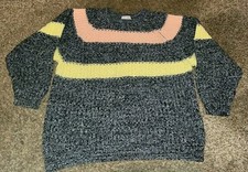 VTG One Step Up Acrylic Sweater Sweatshirt Grey Pink Yellow Stripe Geometric Med