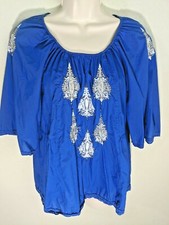 Blusa campesina Style & Co Petite azul plata cuentas bordado manga corta talla PM