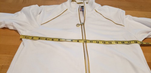 Quacker Factory White Zip Front Sweater Gold Shimmer Trim Rhinestone Size 8 - Picture 8 of 12