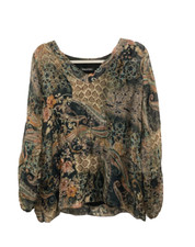 Made in Italy Long sleeve Top Sheer Silk Blouse Floral Paisley Brown Lined