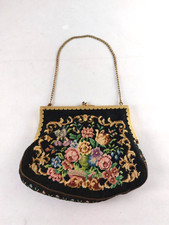 Vintage Tapestry Needlepoint Handbag, Black w/ Floral Motif, Blue Stone Closure
